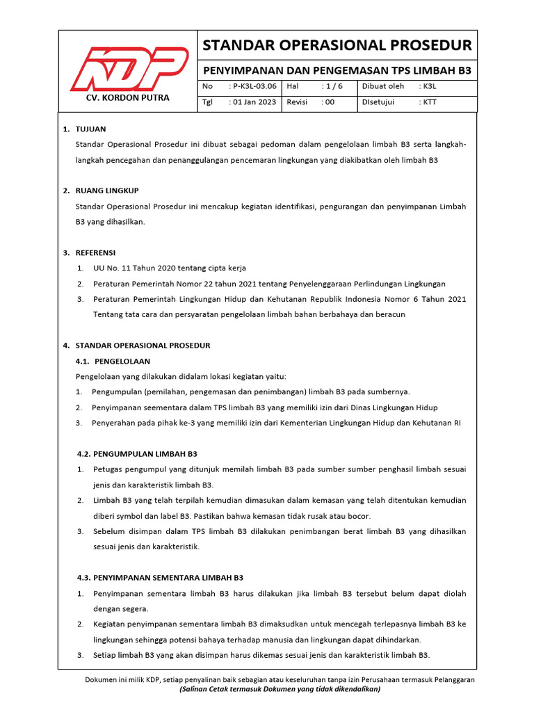 SOP Penyimpanan dan Pengemasan Limbah B3 | PDF