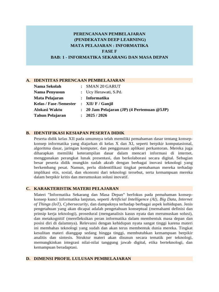 Rencana Pembelajaran Informatika 2025 | PDF