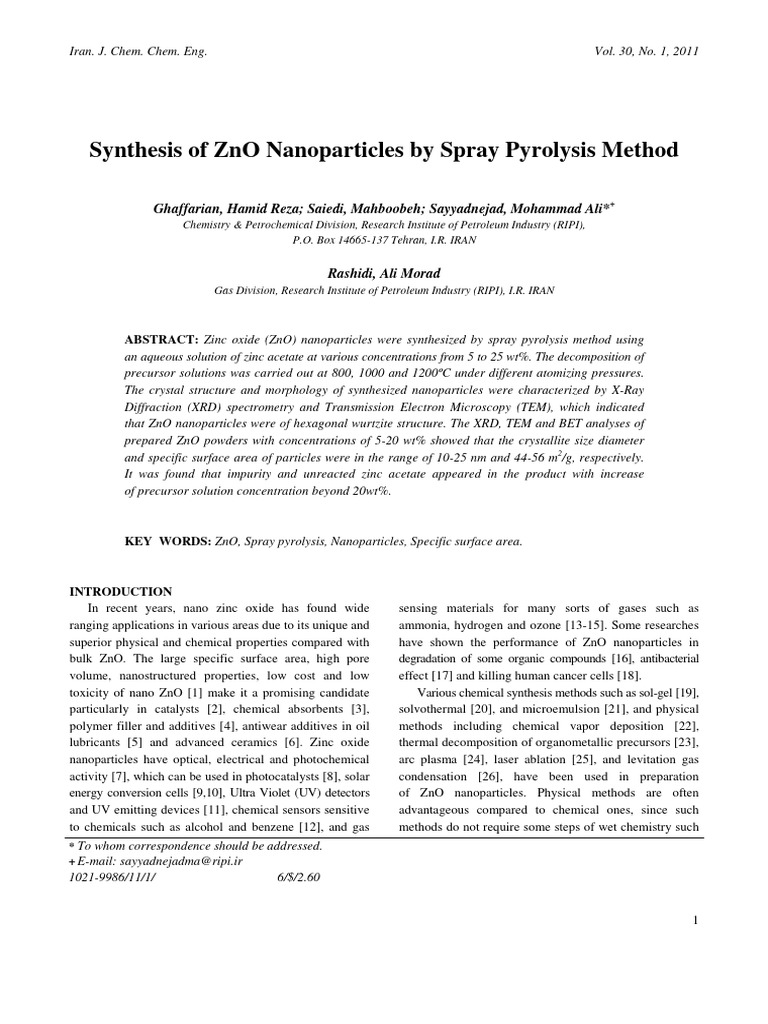 Synthesis of ZnO Nanoparticles via Spray Pyrolysis | PDF | Zinc Oxide ...