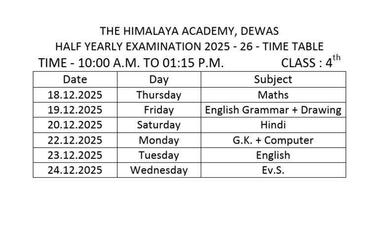 4th - Half Yearly Exam - Time Table - 2025-26-1 | PDF