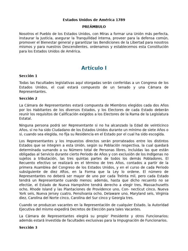 Constitución de EE. UU. 1789: Artículo I | PDF | Presidentes de los ...