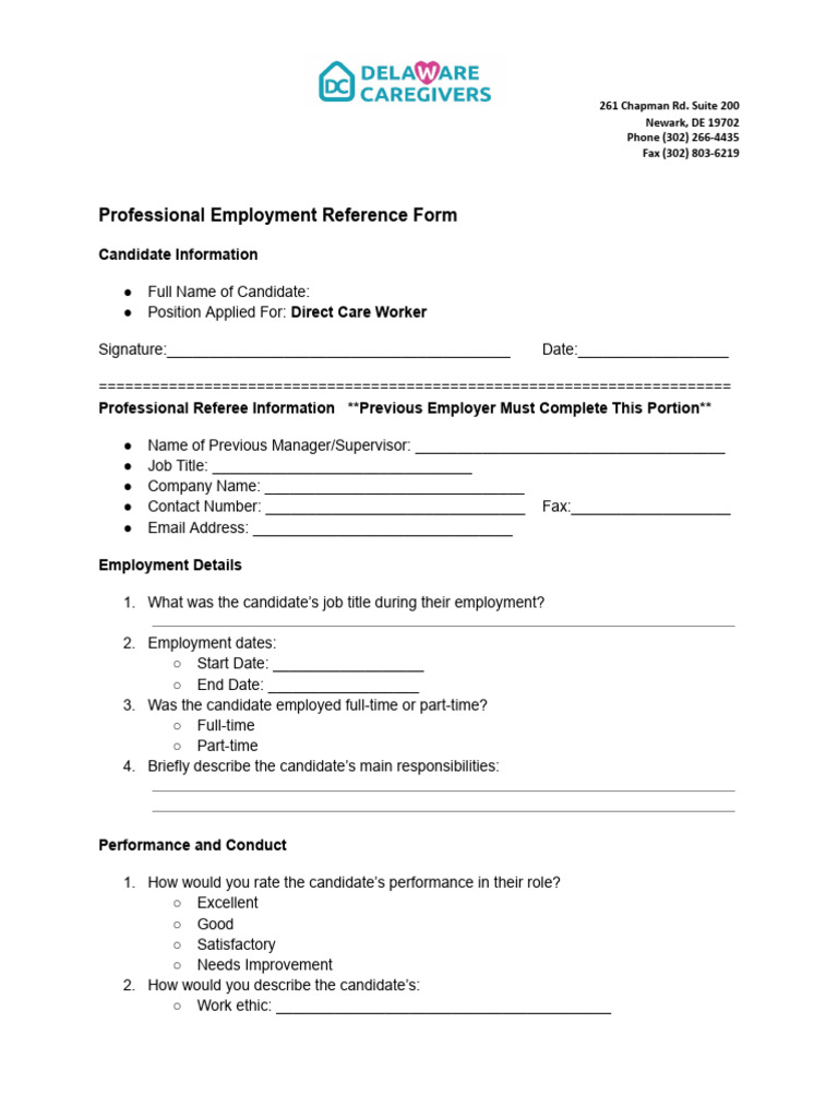 Professional Employment Reference Form | PDF