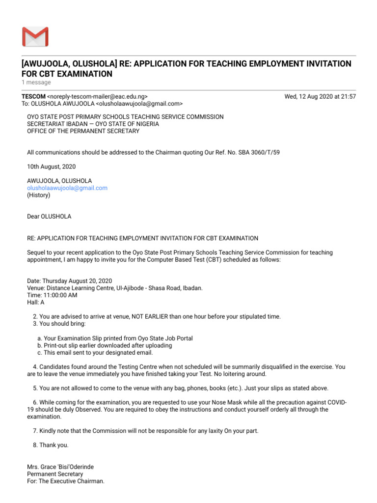 Awujoola, Olushola] Re_ Application for Teaching Employment Invitation ...