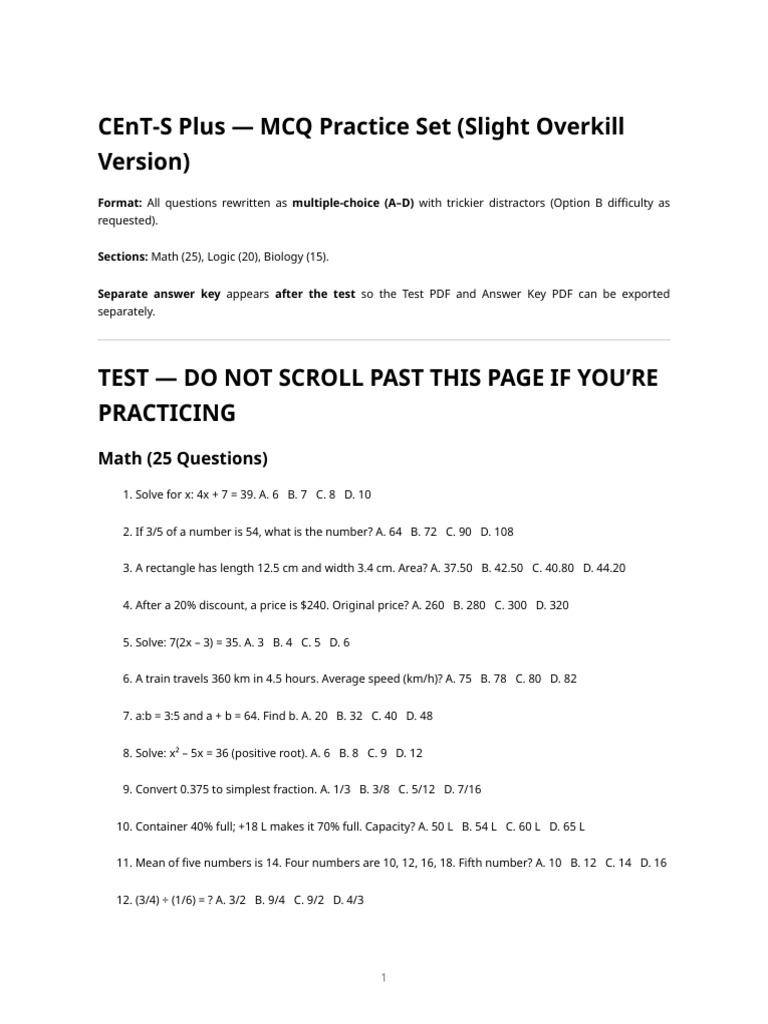 CEnT-S Plus MCQ Practice Set | PDF | Cell (Biology) | Cell Nucleus