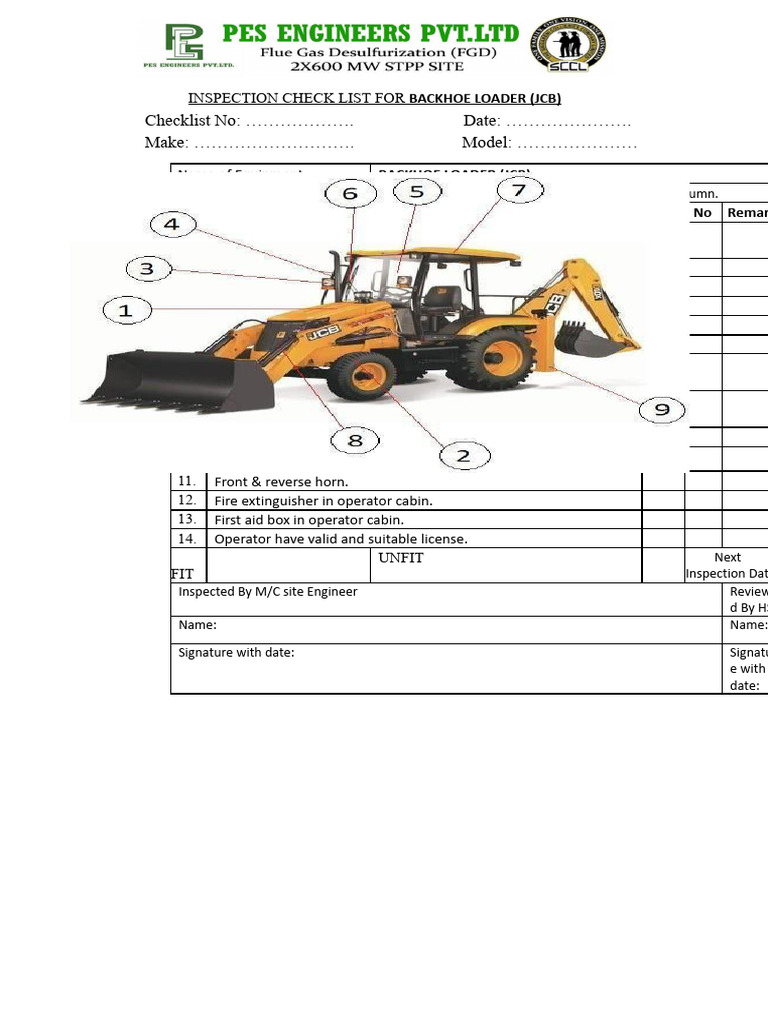 Backhoe Loader Inspection Checklist | PDF