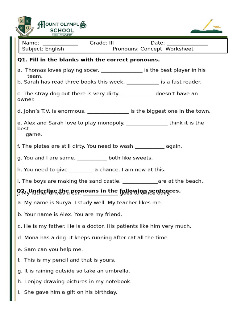 Grade 3 English Pronouns Worksheet | PDF