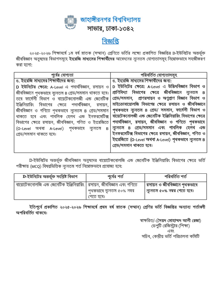JU Admission Circular 2025 26 D Unit | PDF