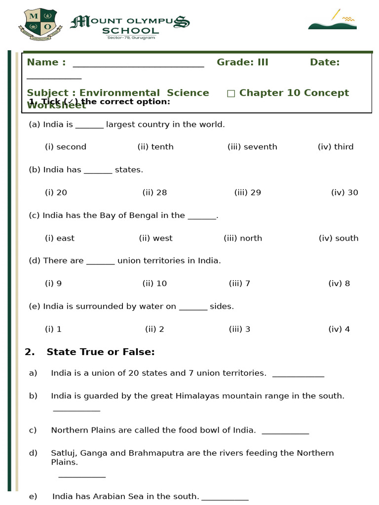 Environmental Science Worksheet for Grade III | PDF | Earth Sciences ...