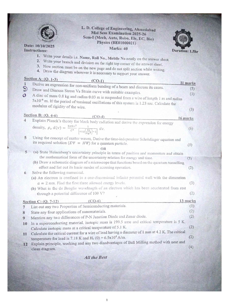 Physics Mid Sem Question Paper | PDF