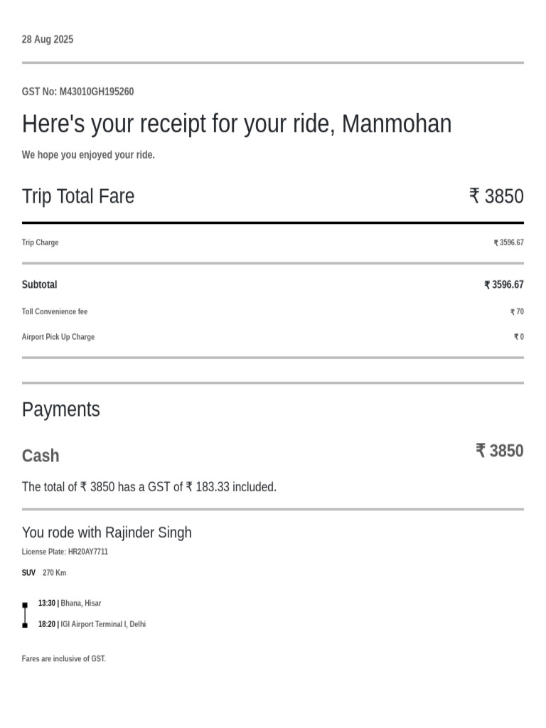 Ride Receipt for Manmohan - ₹3850 | PDF