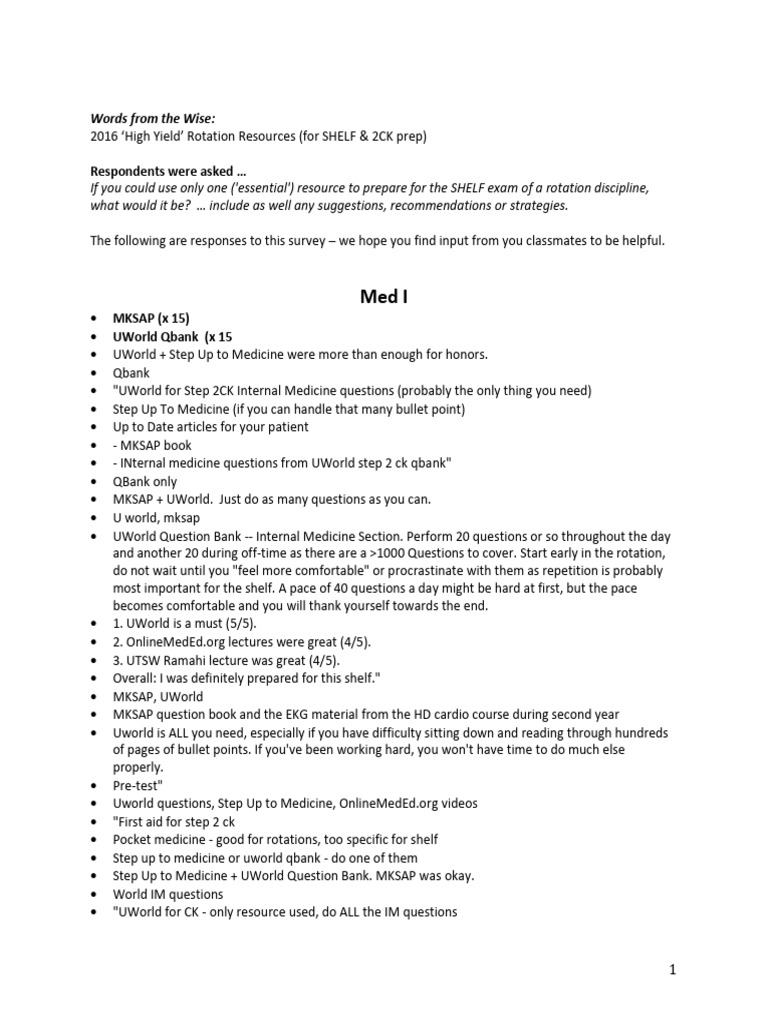 Essential Resources for SHELF & 2CK Prep | PDF | Curriculum | Medical ...