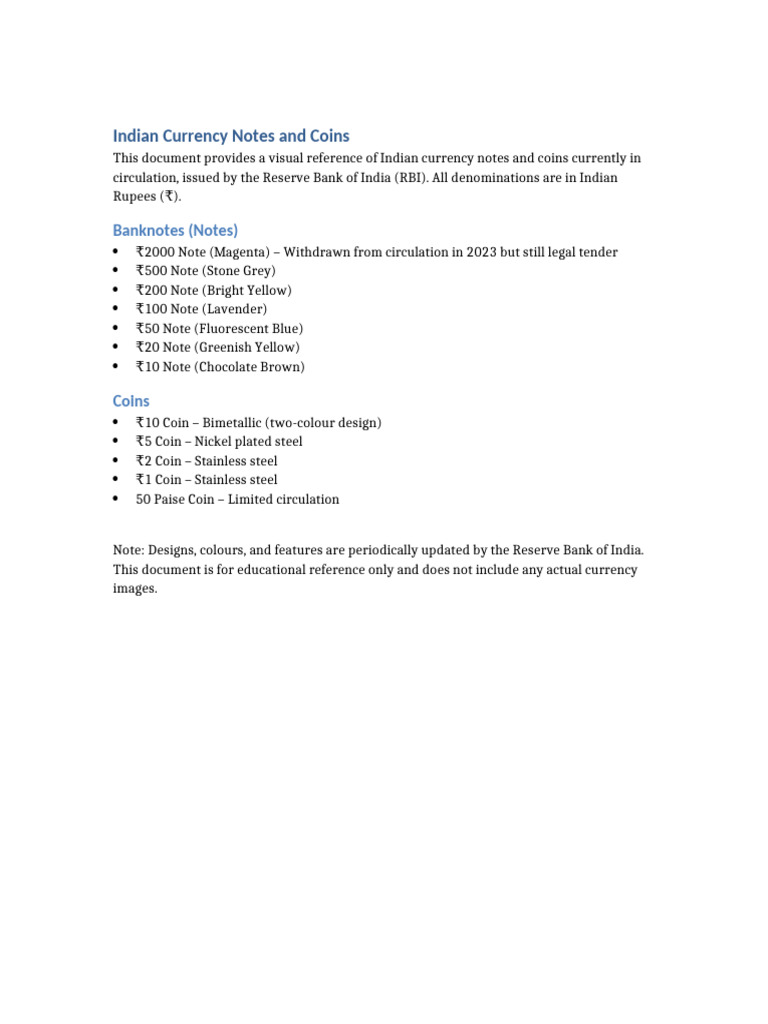 Indian Currency Notes and Coins Guide | PDF