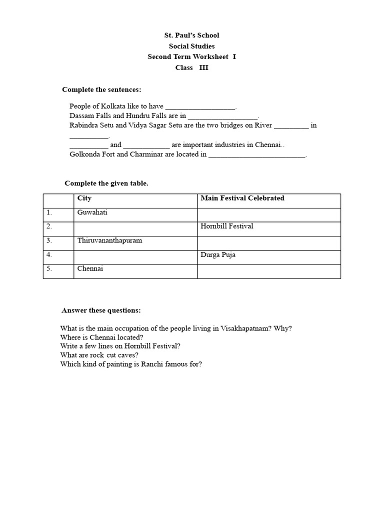 Class 3 SST Worksheet - Second Term -1 | PDF