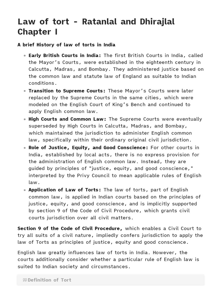 History and Principles of Tort Law in India | PDF | Tort | Damages