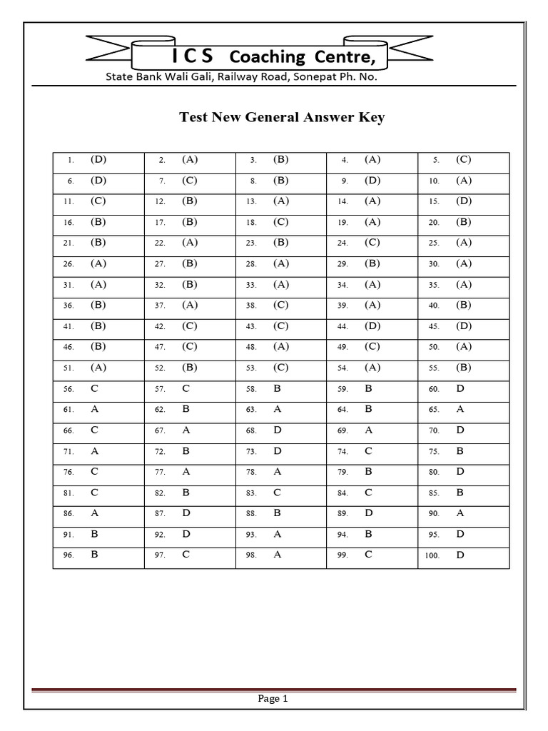 General Answer Key for Test | PDF