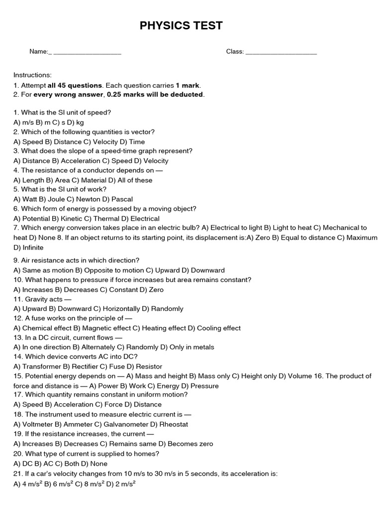 Comprehensive Physics Test Questions | PDF | Electric Current | Force