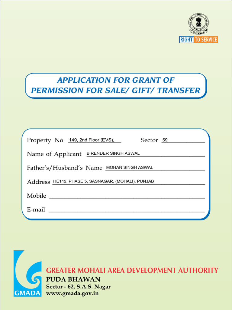 GMADA Property Transfer Application Form | PDF | Civil Law (Common Law ...