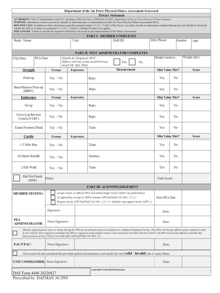 AF Form 4446 Fitness Assessment Scorecard - SD-15040211 | PDF