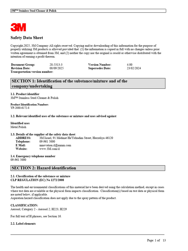 3M Stainless Steel Cleaner Safety Data | PDF | Waste | Dangerous Goods
