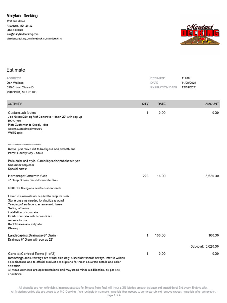 MD Decking Contract Terms and Estimate | PDF | Indemnity | Guarantee