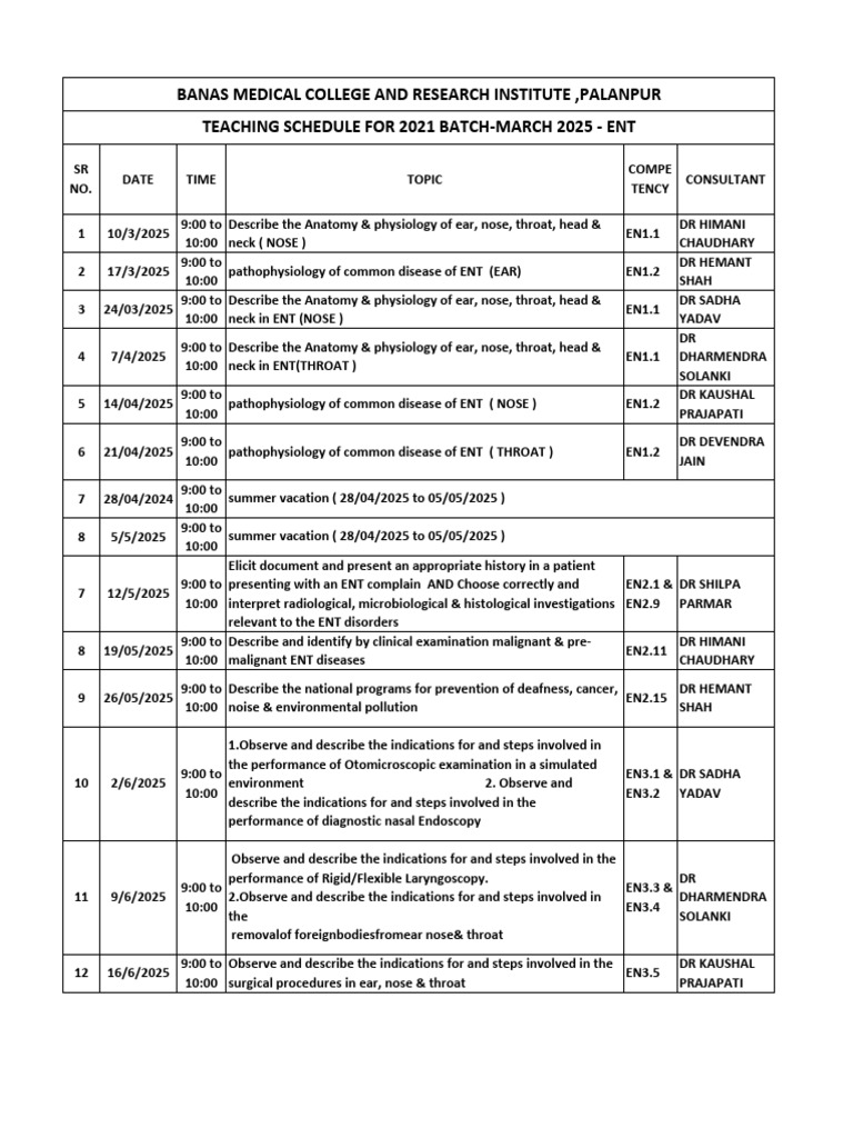 Student Ent 2021 Batch -Year 2025 Shedule | PDF | Otorhinolaryngology ...