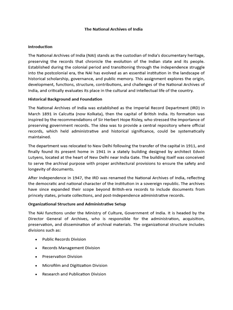 National Archives of India Overview | PDF | Archive | Historiography