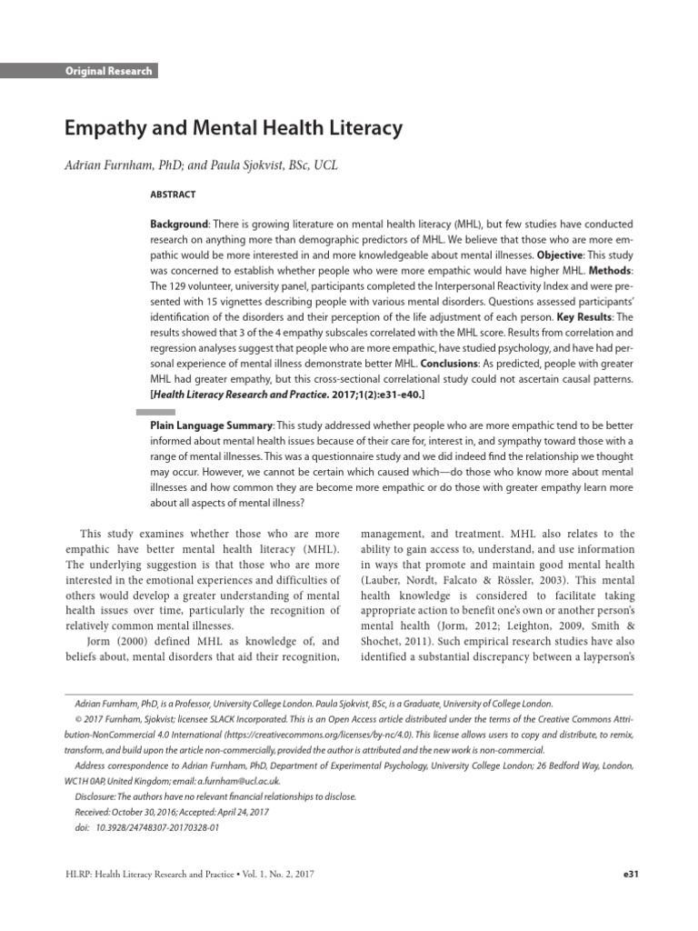 Empathy's Role in Mental Health Literacy | PDF | Empathy | Mental Disorder