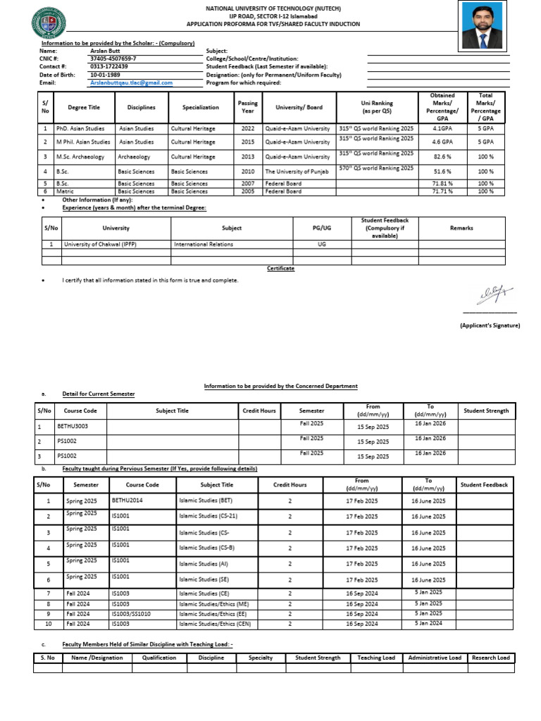 NUTECH Faculty Induction Application Form | PDF | Educational Stages ...