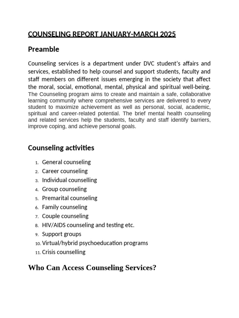 Counseling Report Q1 2025: Services & Impact | PDF | Mental Health ...