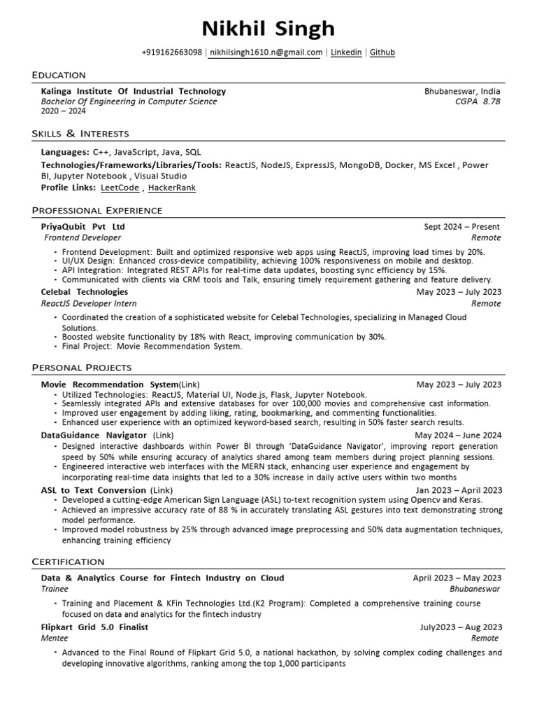 Nikhil Singh: Frontend Developer Resume | PDF | Software | Software ...