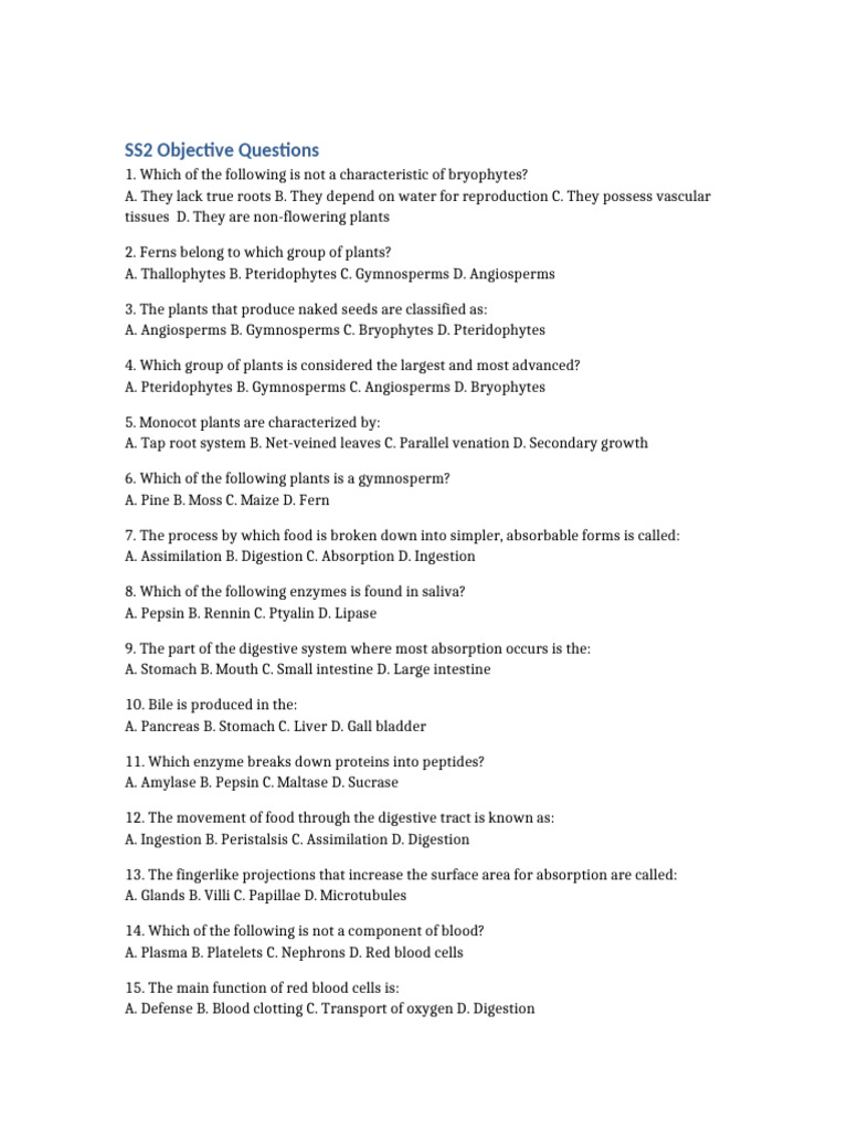 SS2 Objective Questions | PDF | Digestion | Artery