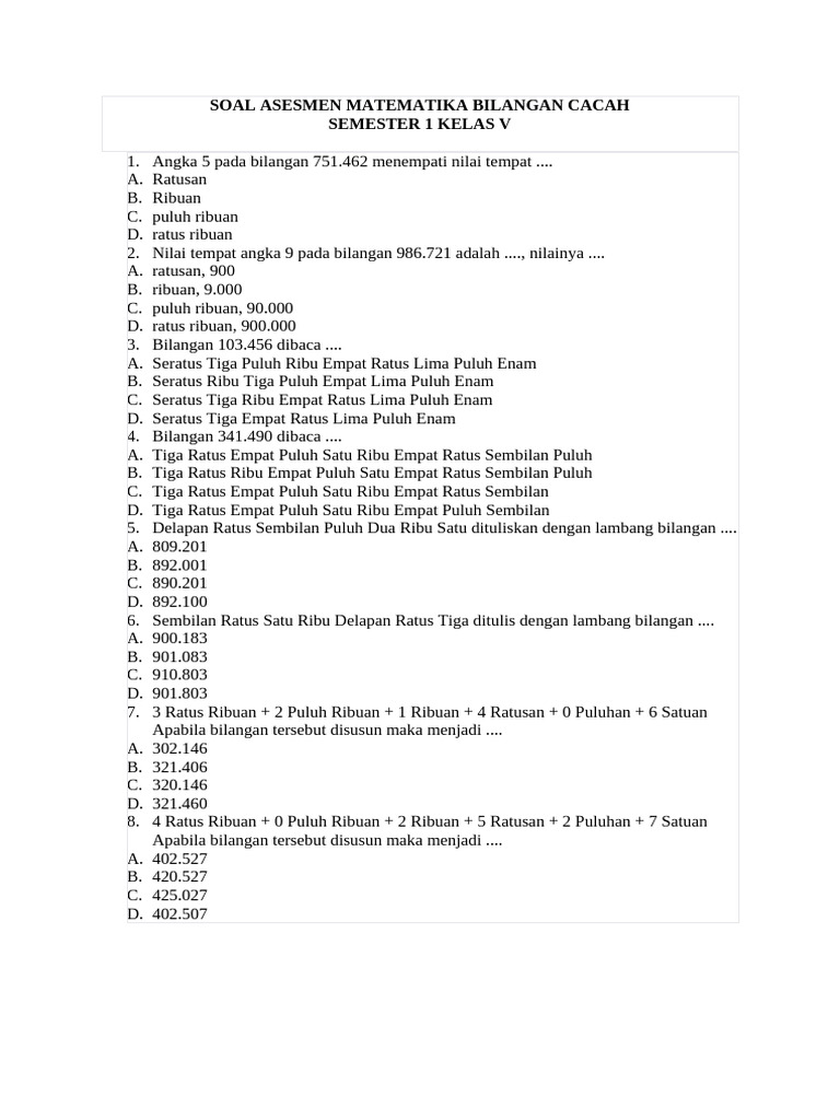 Soal Matematika Bilangan Cacah Kelas V | PDF