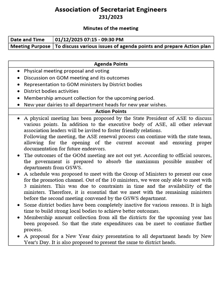 ASE Meeting Minutes and Action Plan | PDF