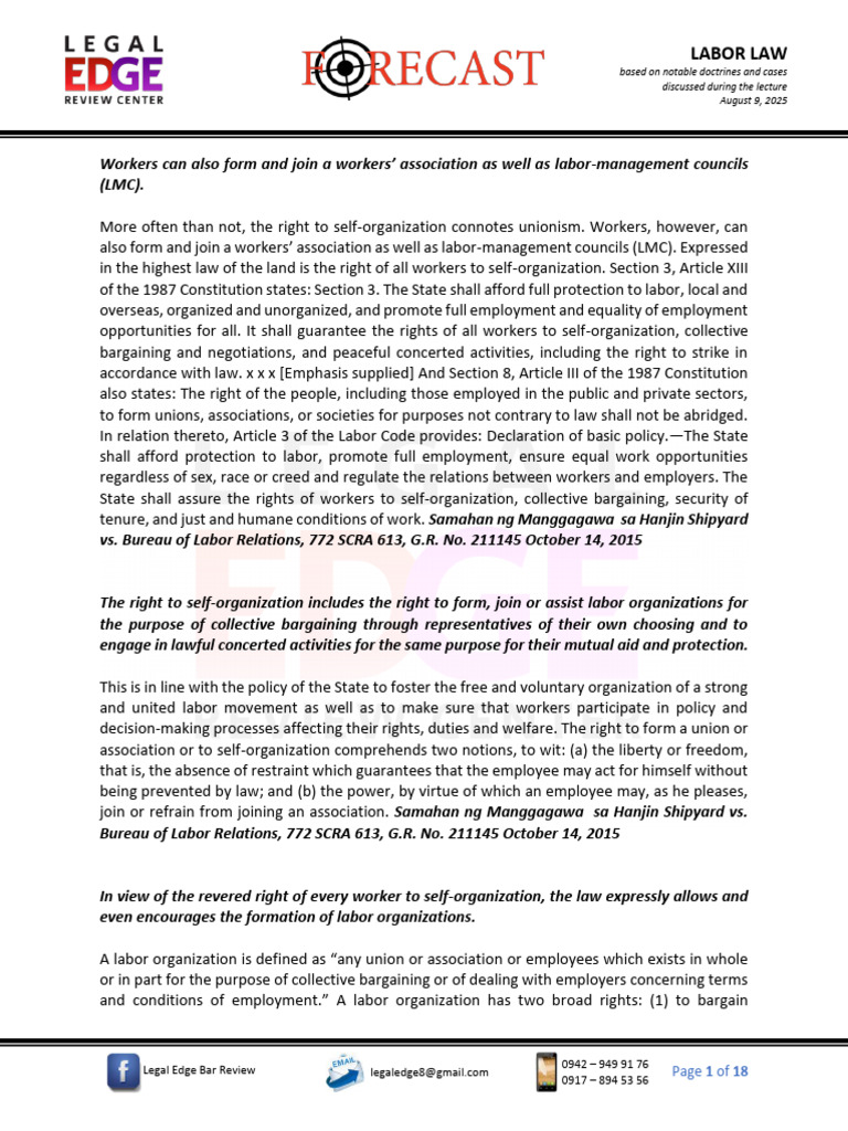 Labor Law: Rights to Self-Organization | PDF | Employment | Collective ...
