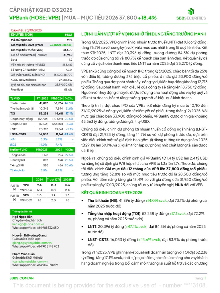 VPB - SSB Đánh Giá q3 - 2025 | PDF