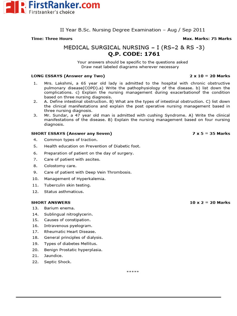 RGUHS - B.SC Nursing - 2011 - 1 - Aug - 1761 Medical Surgical Nursing I ...