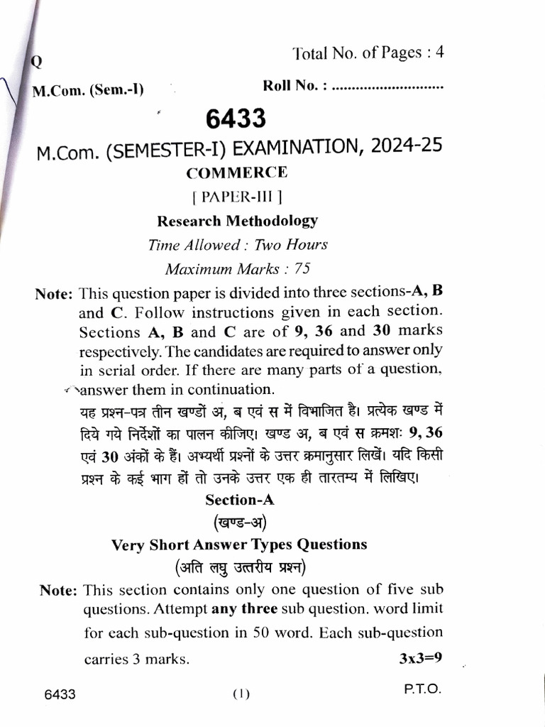 M.Com. Research Methodology Exam Paper | PDF | Procedural Knowledge ...