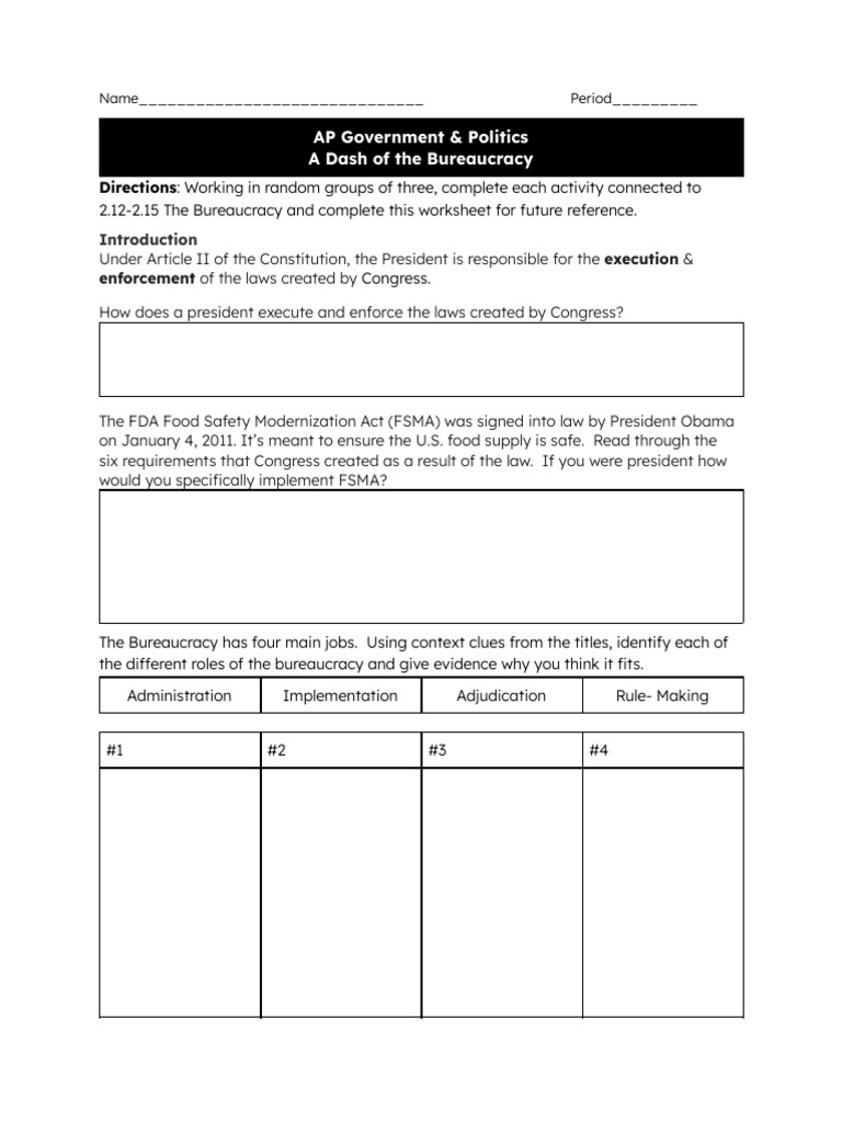Student Copy AP Gov - A Dash of The Bureaucracy Worksheet | PDF ...