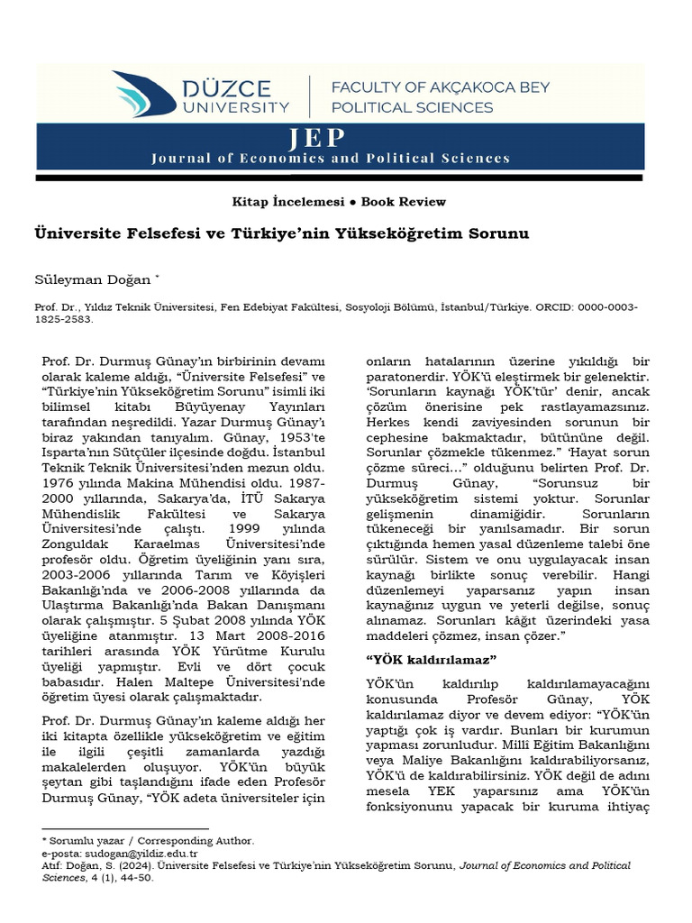 Niversite Felsefesi Ve T Rkiye Nin Y Ksek Retim Sorunu[ | PDF