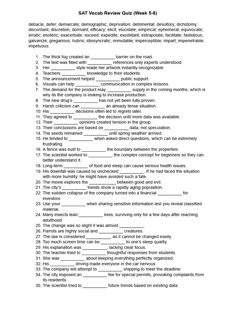 SAT Vocab Quiz Week 5-8 Review | PDF