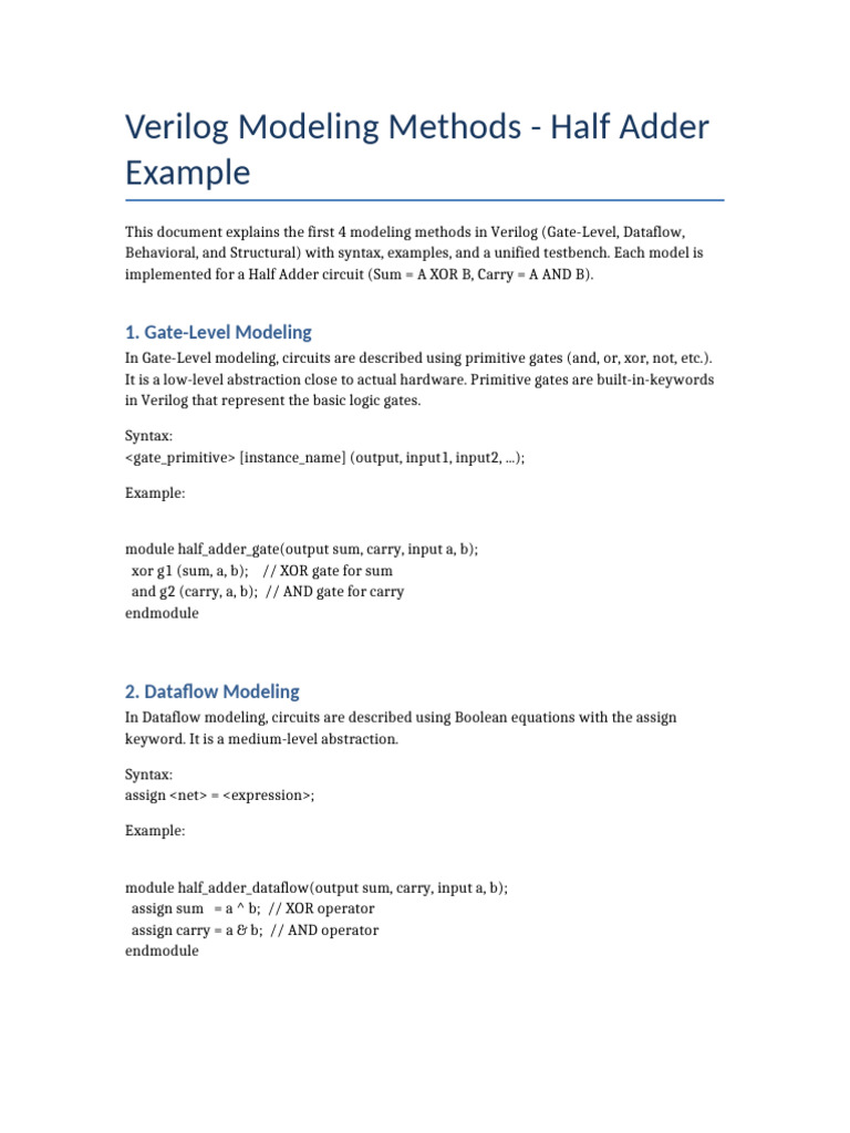 Verilog Modeling Half Adder | PDF | Electronic Engineering | Software ...
