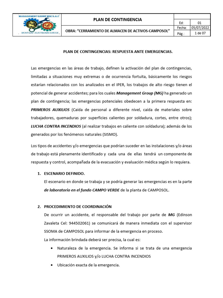 A.2.9. Plan de Contingencia | PDF | Primeros auxilios | Emergencia