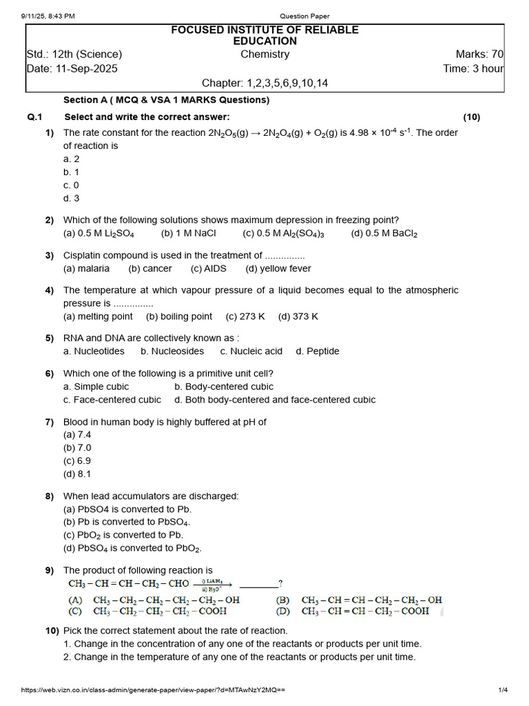 12th Grade Chemistry Exam Paper | PDF | Chemical Reactions | Acid