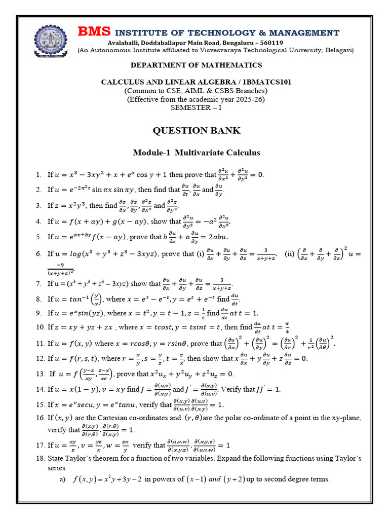 Multivariate Calculus Question Bank | PDF | Coordinate System | Linear ...