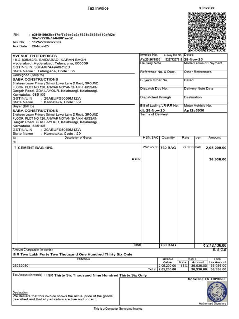 Tax Invoice for Cement Supply | PDF | Taxation | Government Finances