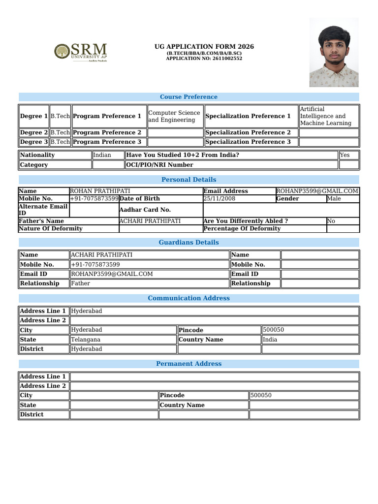 UG Application Form 2026 - Rohan Prathipati | PDF