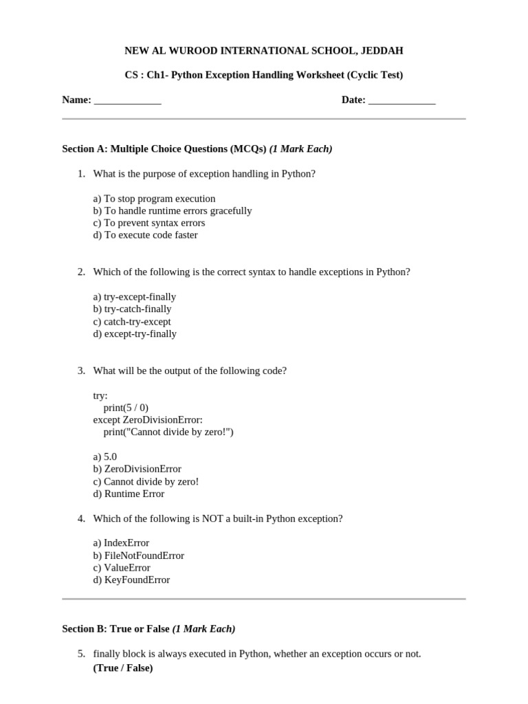 Python Exception Handling Worksheet | PDF | Python (Programming ...