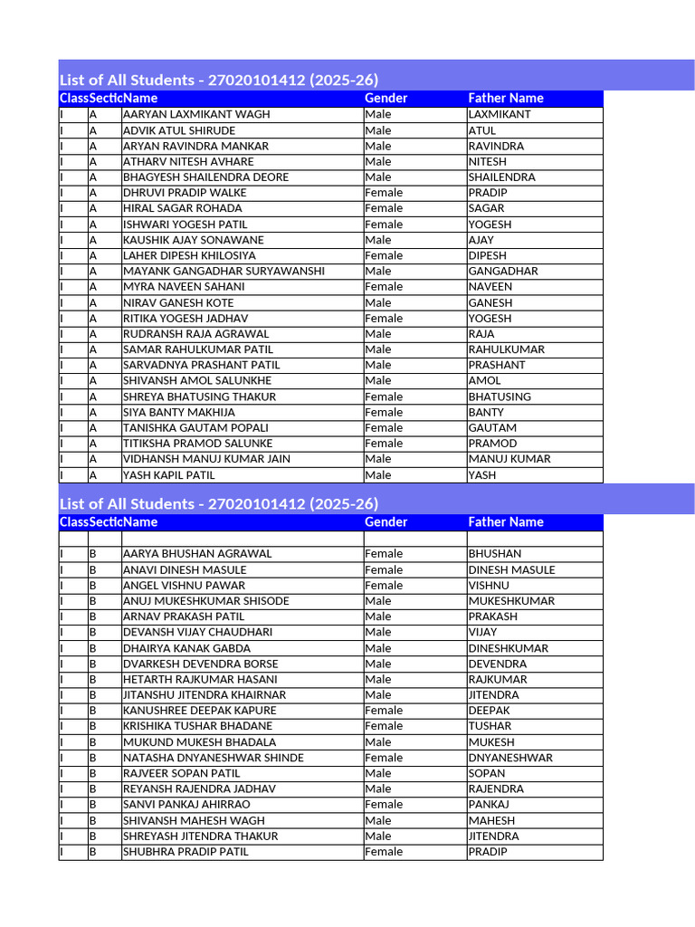 Student List 2025-26 by Class and Section | PDF