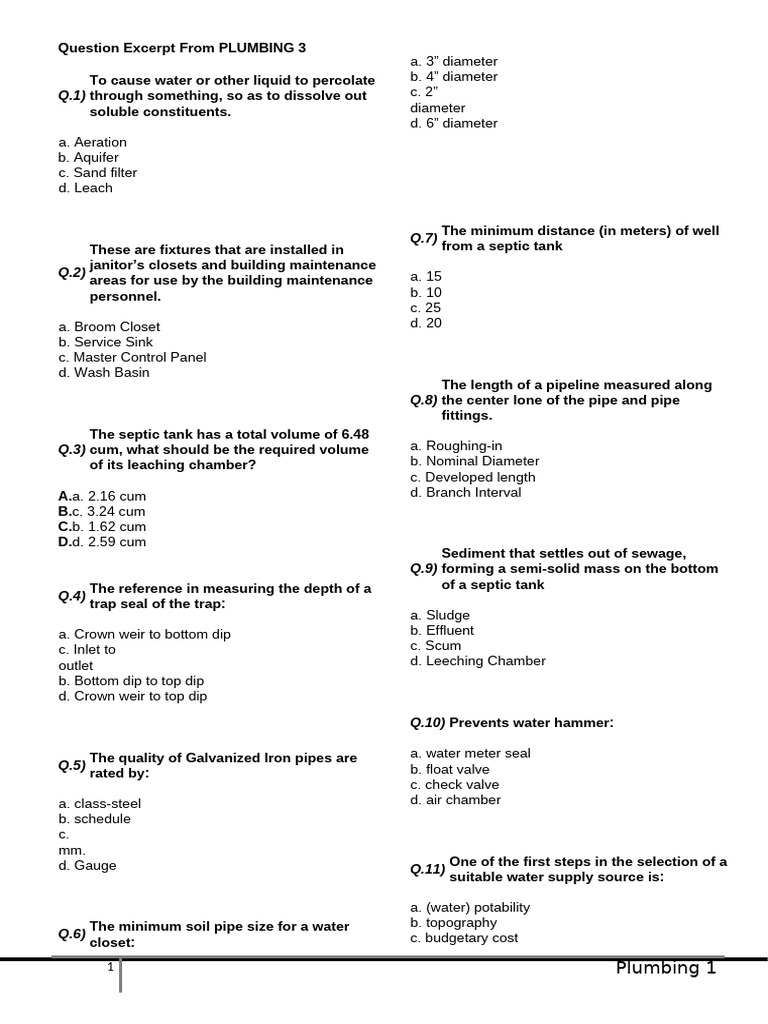 Plumbing Knowledge Quiz Questions | PDF | Pipe (Fluid Conveyance ...