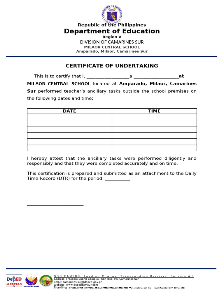 Certificate of Undertaking for Teachers | PDF
